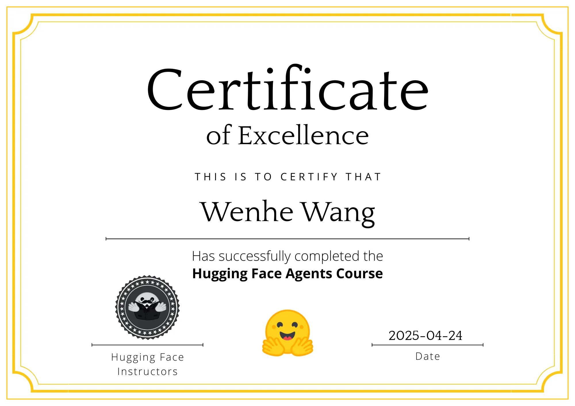Hugging Face Agentic AI Course Certificate of Excellence